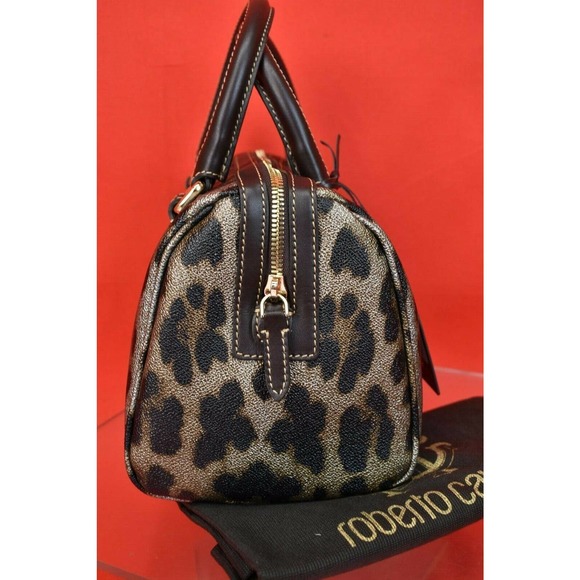 NIB ROBERTO CAVALLI BOWLING MULTI COLOR LEOPARD PRINT COATED CANVAS ZIPPER BAG - Picture 4 of 12